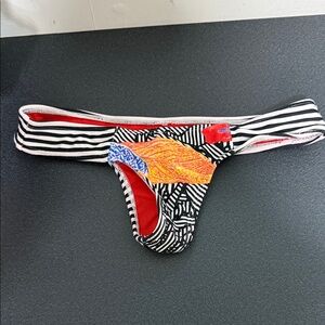 Volcom Black and White Striped Bikini Bottom with Red and Blue Accents